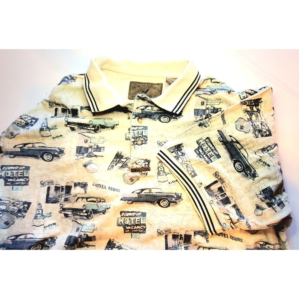 North River Large Beige Old Car Design Short Sleeve Button Up Neckline 100% Cot.